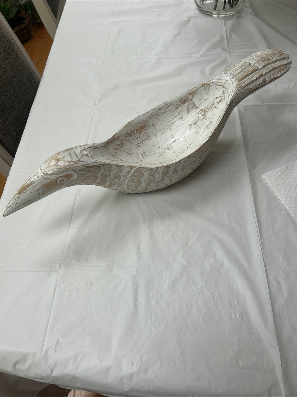Hand-Carved White Bird Sculpture Bowl - Coastal Accent